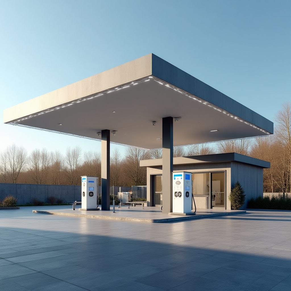 Estación de servicio moderna con servicios complementarios
